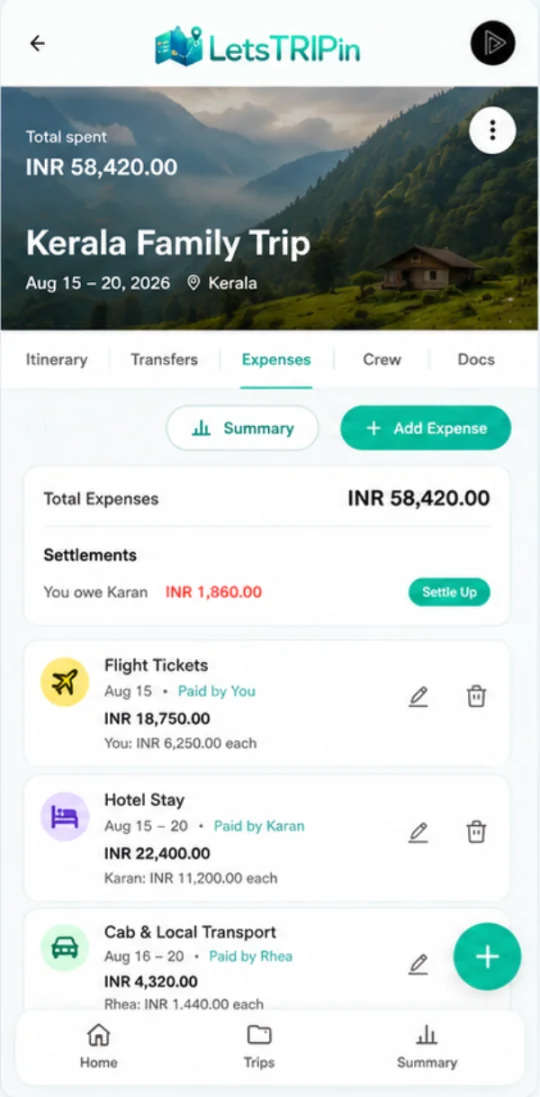 letsTRIPin expenses screen for a Kerala family trip showing the total spent, who paid for each expense and a Settle Up button