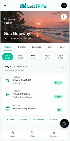 letsTRIPin day-by-day itinerary for a Goa trip with day tabs, timed stops and commute durations between places