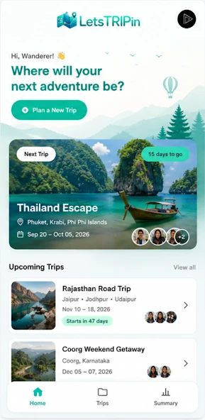 letsTRIPin home screen showing the next trip, Thailand Escape, with a 15 days to go countdown and a list of upcoming trips